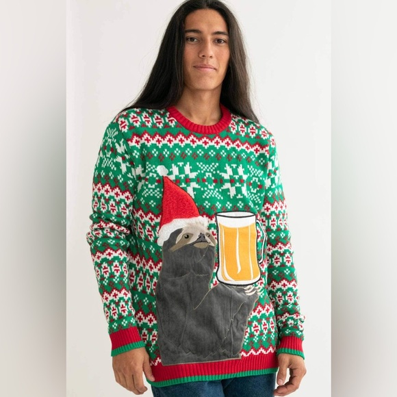 BLIZZARD BAY L Ugly Christmas Sweater • Holiday Sloth Beer Mug Pocket Pullover - Picture 13 of 14